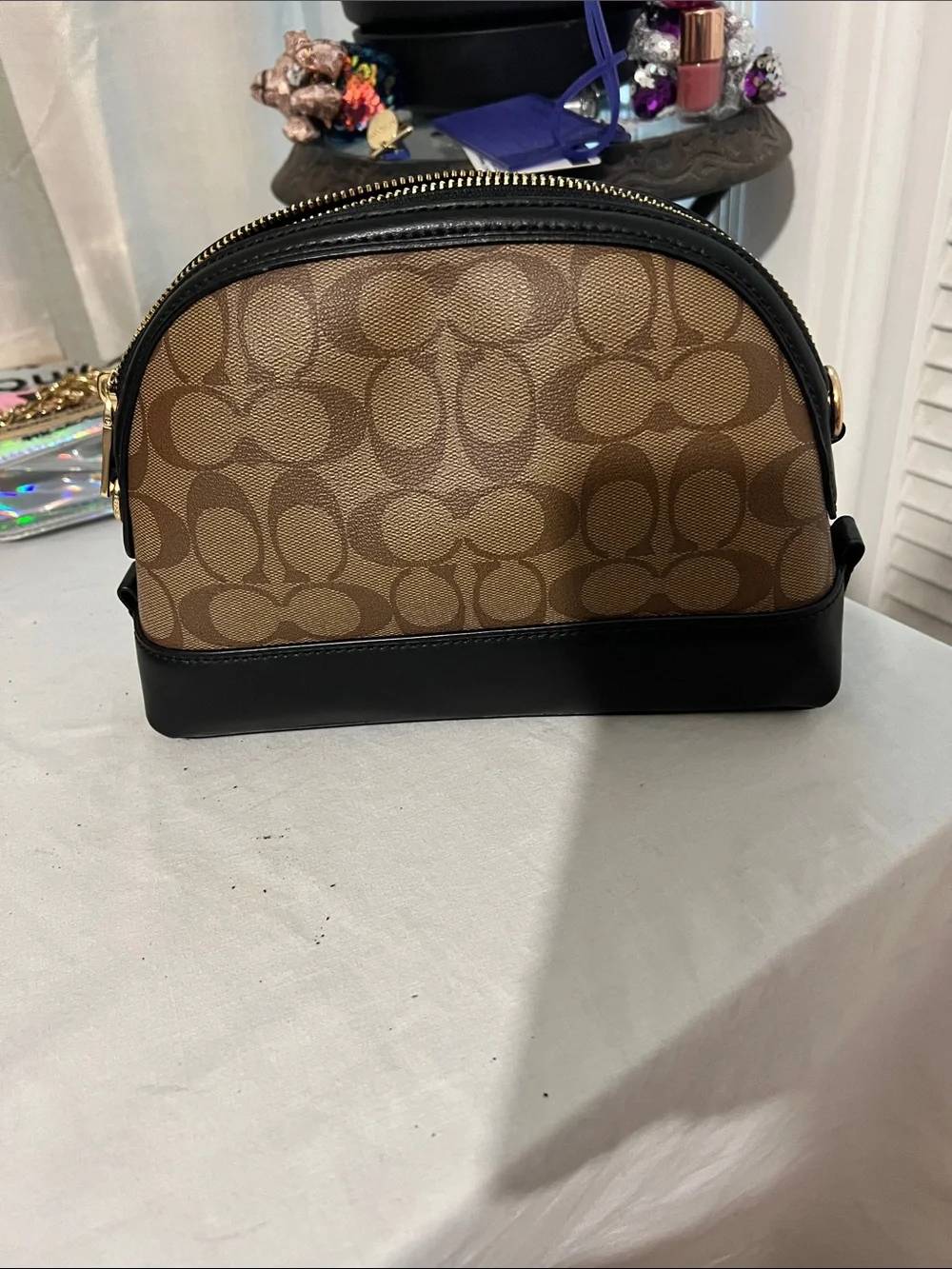 Coach Brown Signature Cosmetic Pouch with Black Trim
